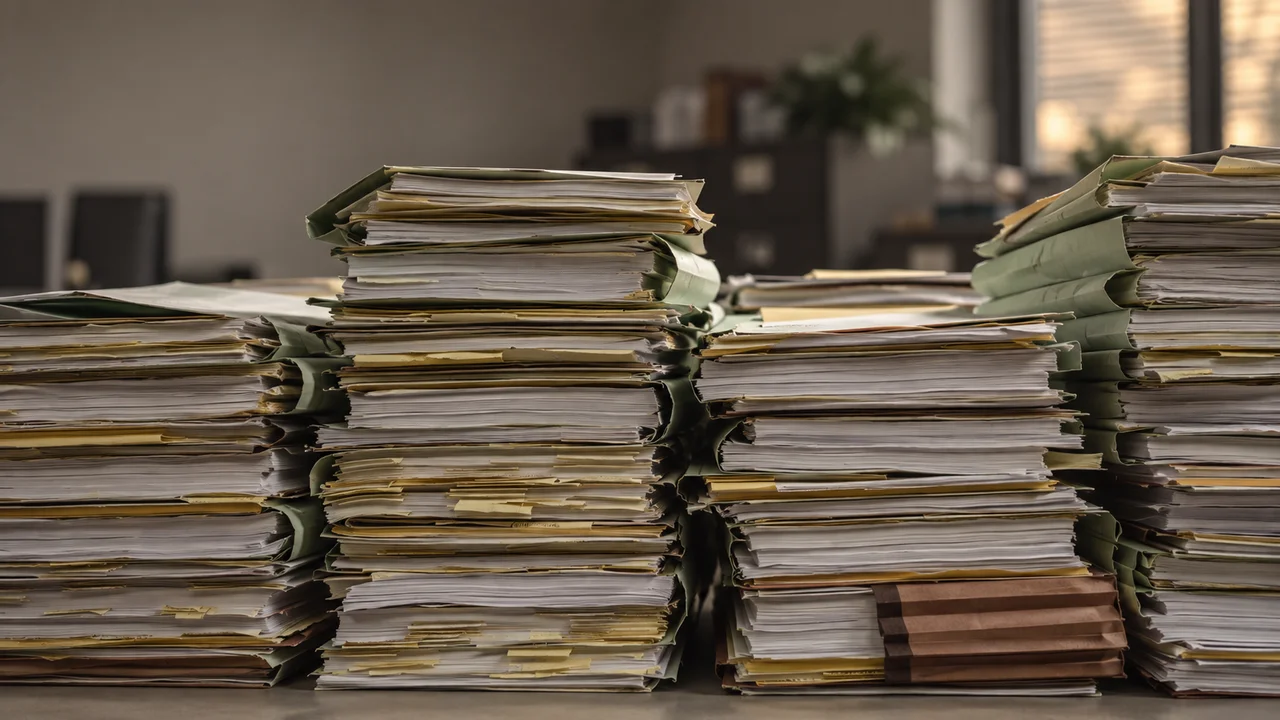 Stacks of paper documents and muted green folders in a softly lit office.