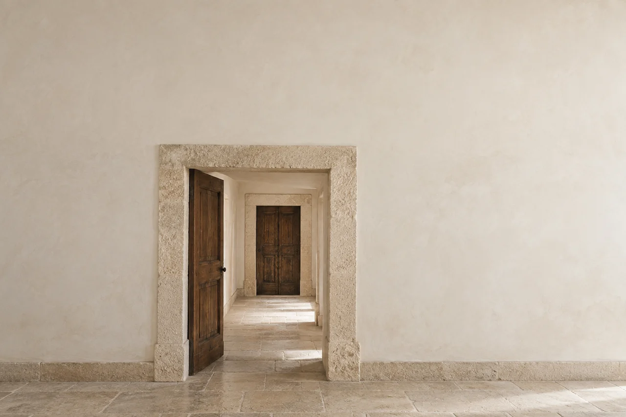Two consecutive doorways connected by one continuous stone passage.
