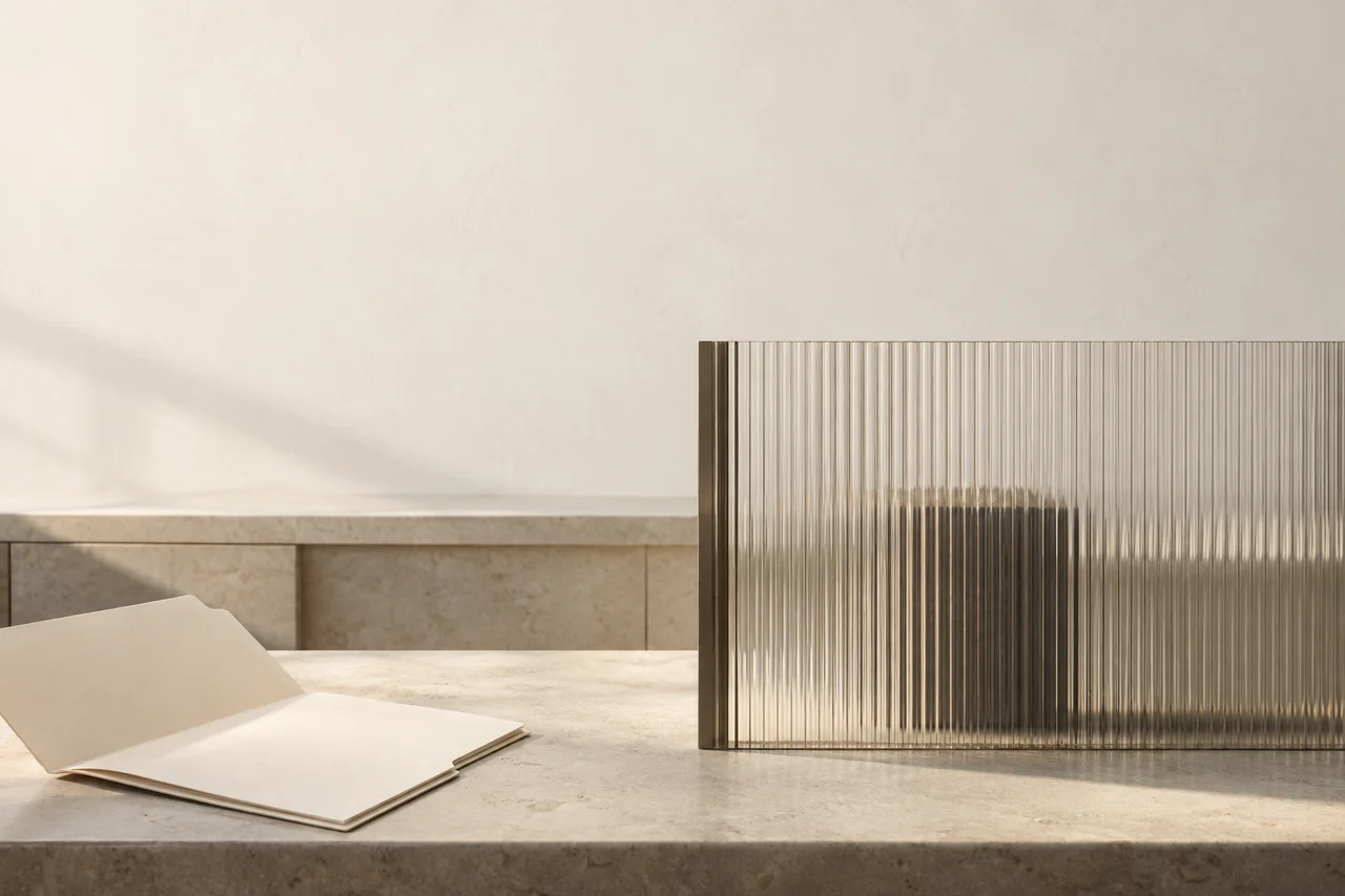 An open folder beside a glass partition that obscures an archive volume.